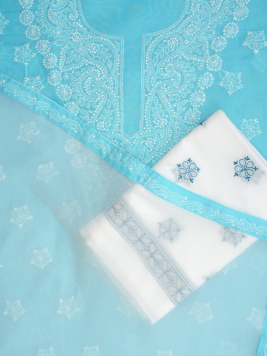 Ada Hand Embroidered Blue Cotton Lucknowi Chikankari Unstitched Suit Piece With Chiffon Dupatta A211362