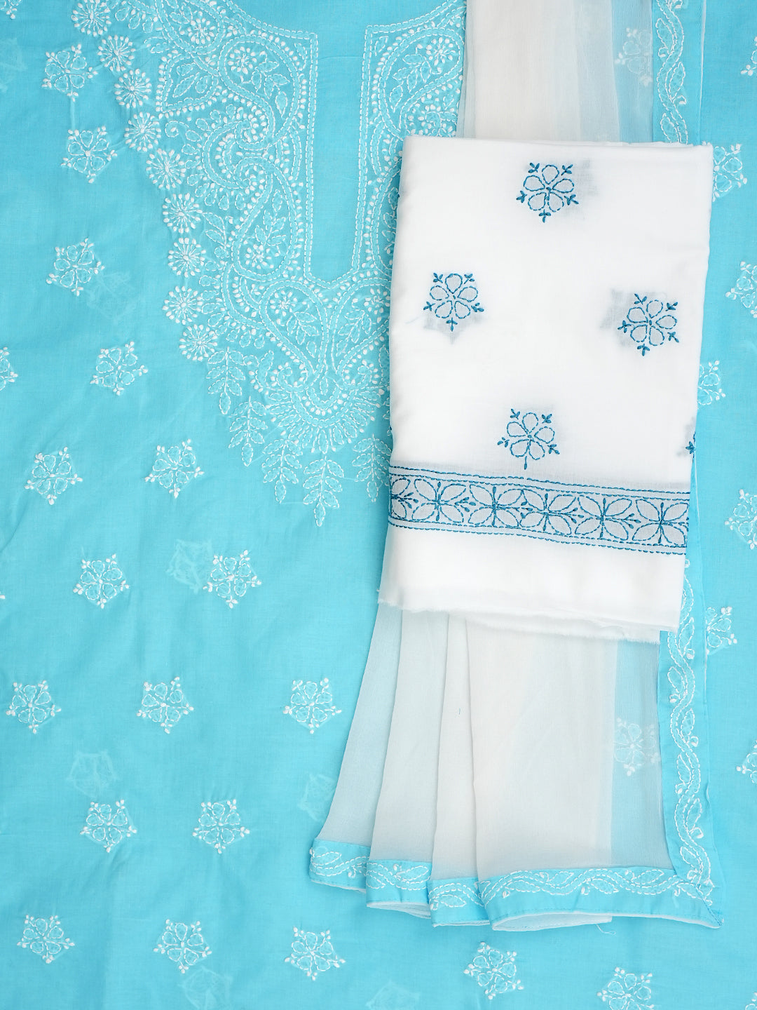 Ada Hand Embroidered Blue Cotton Lucknowi Chikankari Unstitched Suit Piece With Chiffon Dupatta A211362