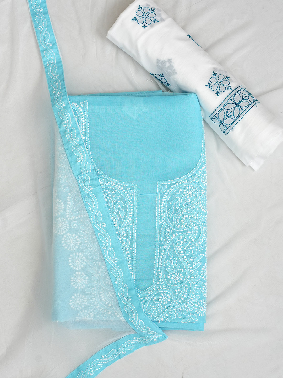 Ada Hand Embroidered Blue Cotton Lucknowi Chikankari Unstitched Suit Piece With Chiffon Dupatta A211362