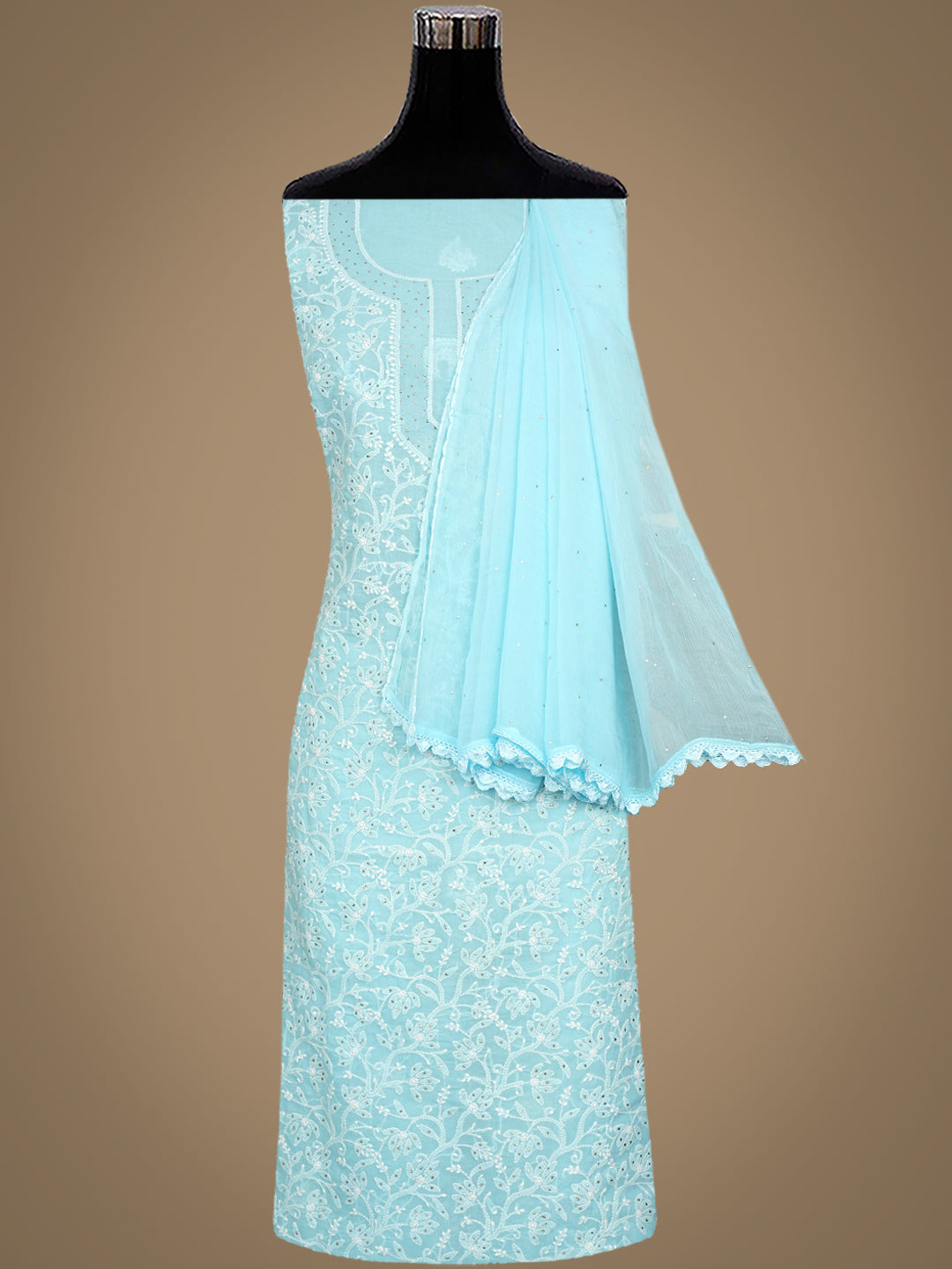 Ada Hand Embroidered Blue Cotton Lucknowi Chikankari Unstitched Suit Piece With Mukaish Work 01A994499