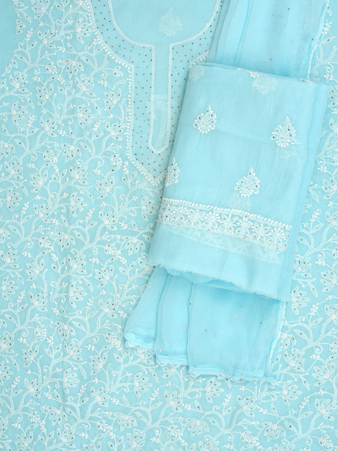 Ada Hand Embroidered Blue Cotton Lucknowi Chikankari Unstitched Suit Piece With Mukaish Work 01A994499