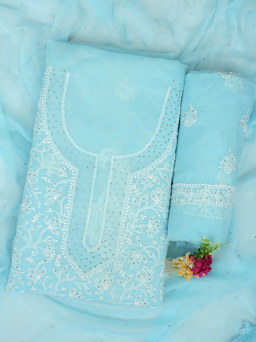 Ada Hand Embroidered Blue Cotton Lucknowi Chikankari Unstitched Suit Piece With Mukaish Work 01A994499
