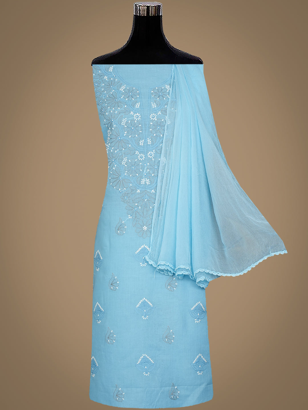Ada Hand Embroidered Blue Cotton Lucknowi Chikankari Unstitched Suit Set With Chiffon Dupatta 01A879279