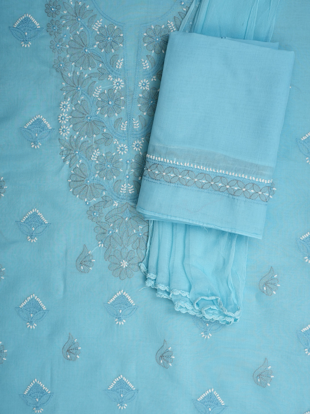 Ada Hand Embroidered Blue Cotton Lucknowi Chikankari Unstitched Suit Set With Chiffon Dupatta 01A879279