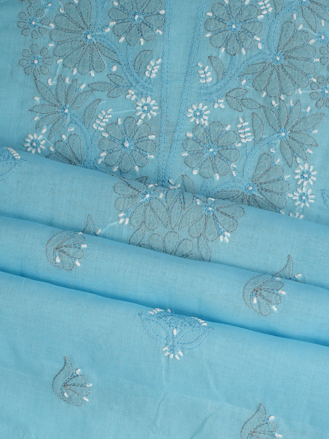 Ada Hand Embroidered Blue Cotton Lucknowi Chikankari Unstitched Suit Set With Chiffon Dupatta 01A879279
