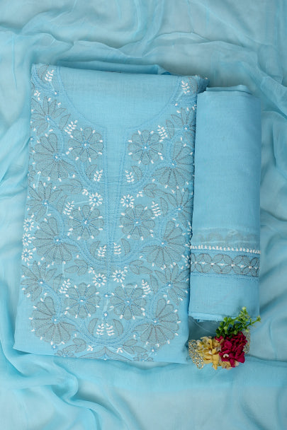 Ada Hand Embroidered Blue Cotton Lucknowi Chikankari Unstitched Suit Set With Chiffon Dupatta 01A879279