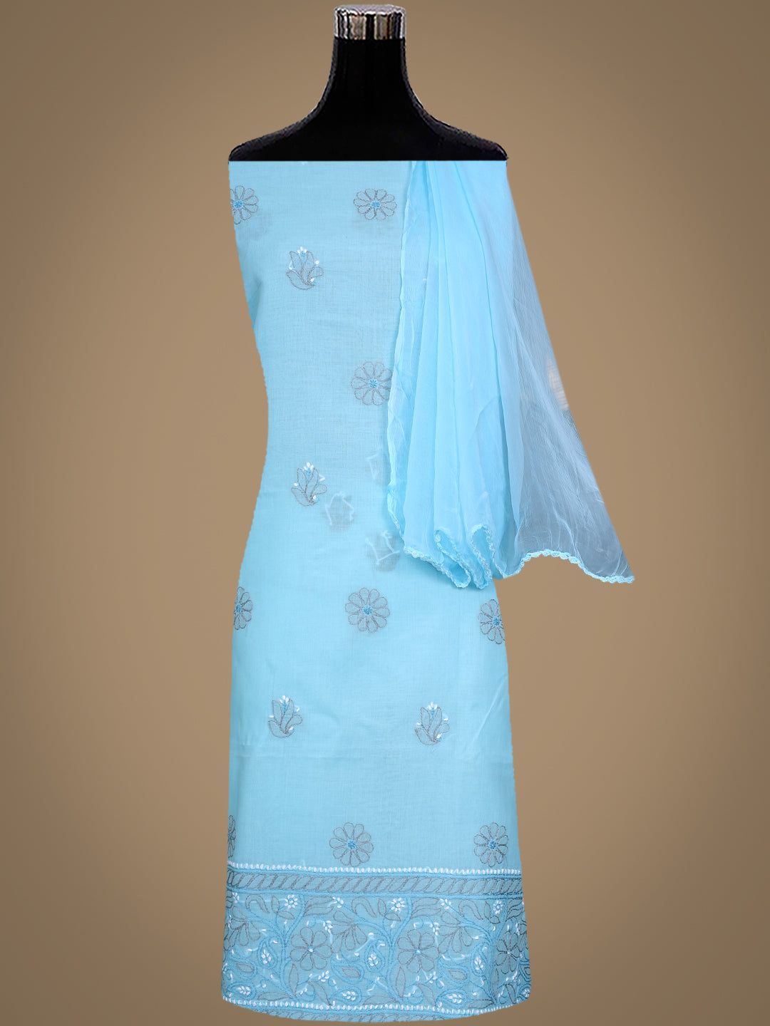 Ada Hand Embroidered Blue Cotton Lucknowi Chikankari Unstitched Suit Set With Chiffon Dupatta 01A879489