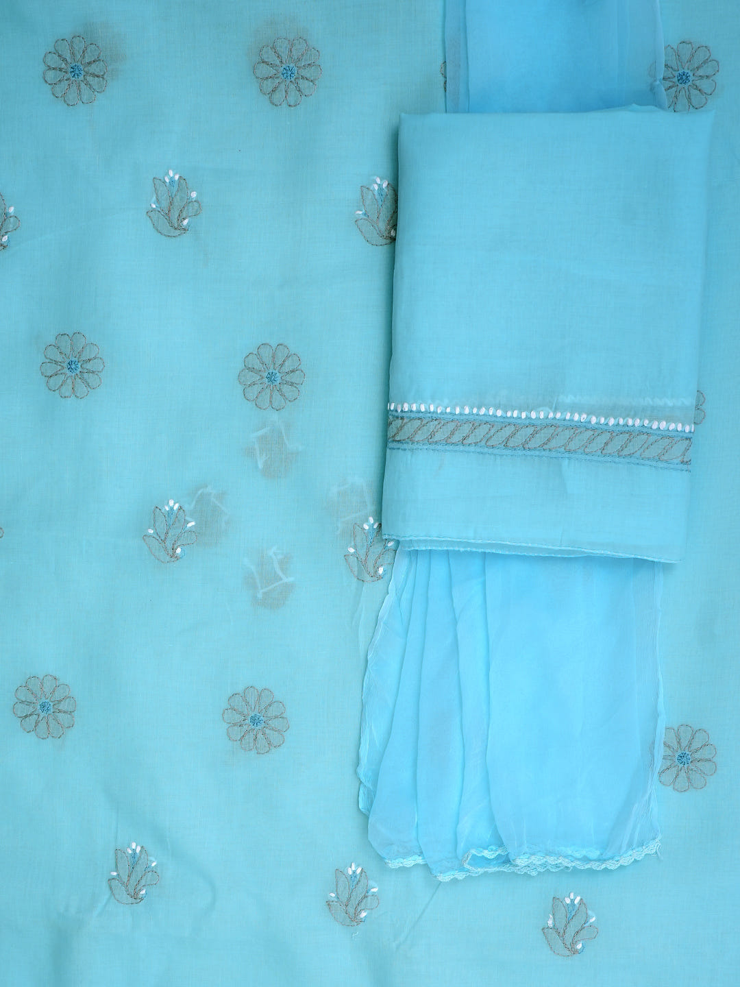 Ada Hand Embroidered Blue Cotton Lucknowi Chikankari Unstitched Suit Set With Chiffon Dupatta 01A879489