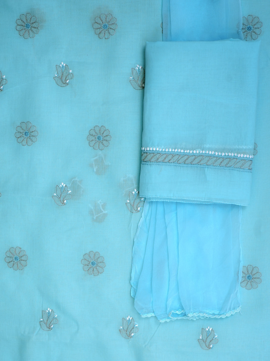 Ada Hand Embroidered Blue Cotton Lucknowi Chikankari Unstitched Suit Set With Chiffon Dupatta 01A879489