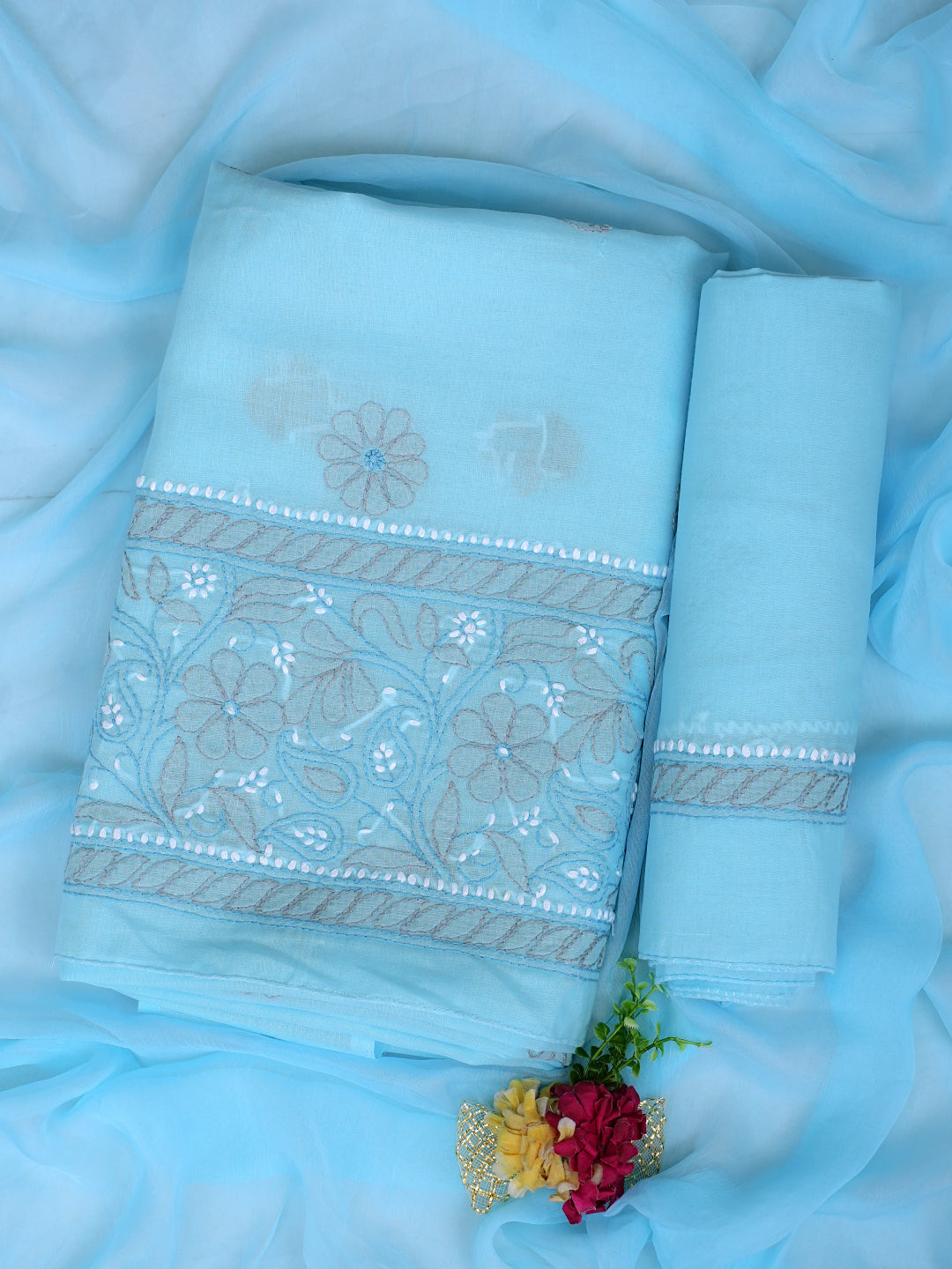 Ada Hand Embroidered Blue Cotton Lucknowi Chikankari Unstitched Suit Set With Chiffon Dupatta 01A879489