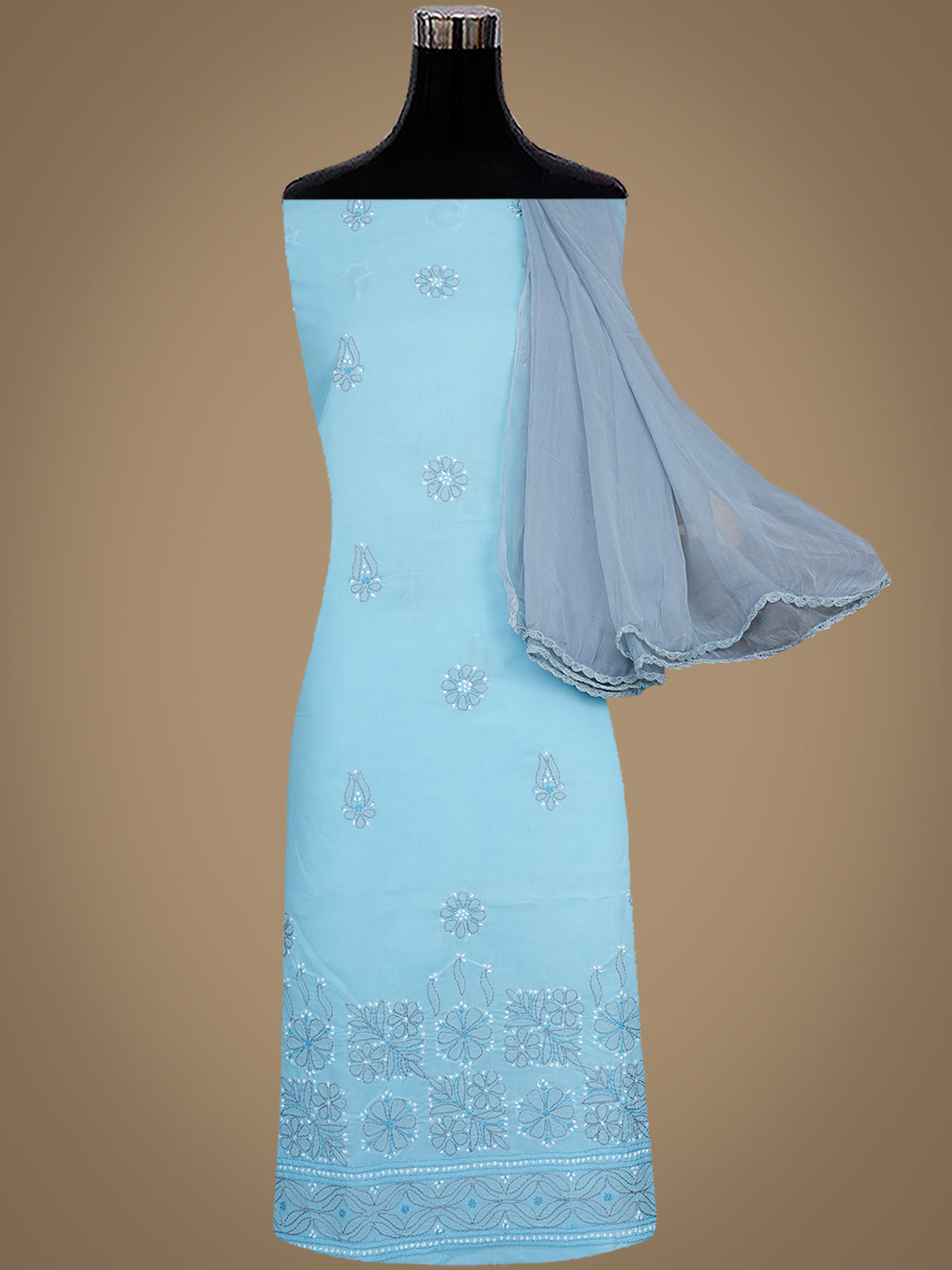 Ada Hand Embroidered Blue Cotton Lucknowi Chikankari Unstitched Suit Set With Chiffon Dupatta 01A882407