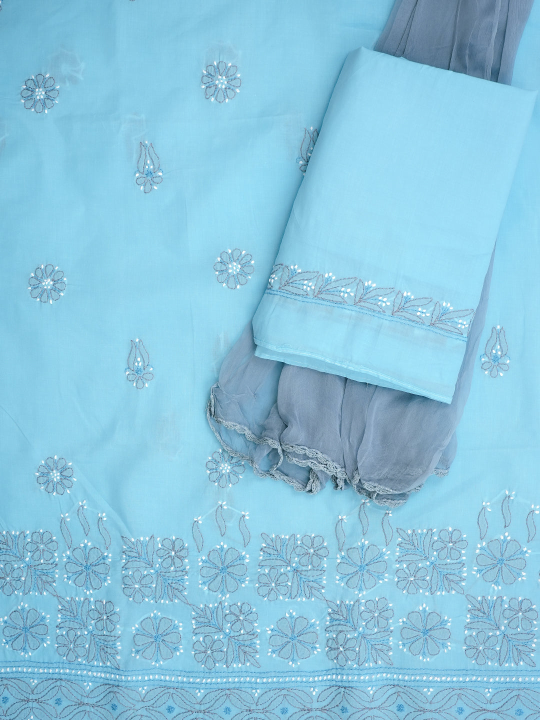 Ada Hand Embroidered Blue Cotton Lucknowi Chikankari Unstitched Suit Set With Chiffon Dupatta 01A882407