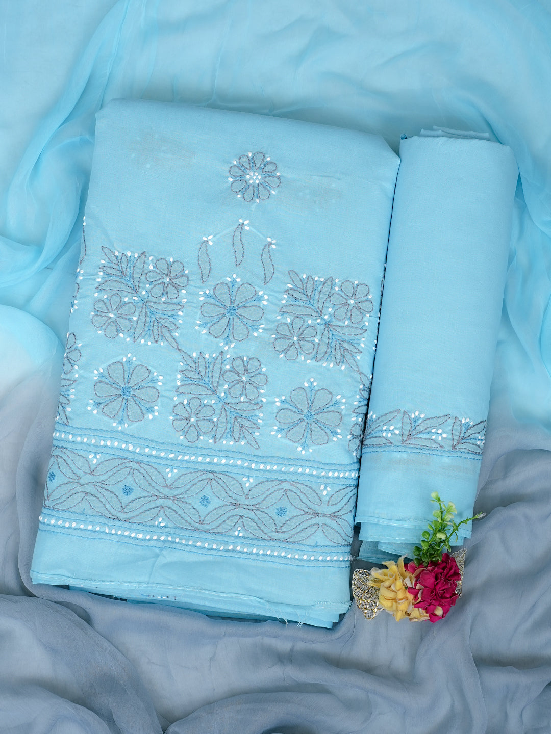 Ada Hand Embroidered Blue Cotton Lucknowi Chikankari Unstitched Suit Set With Chiffon Dupatta 01A882407