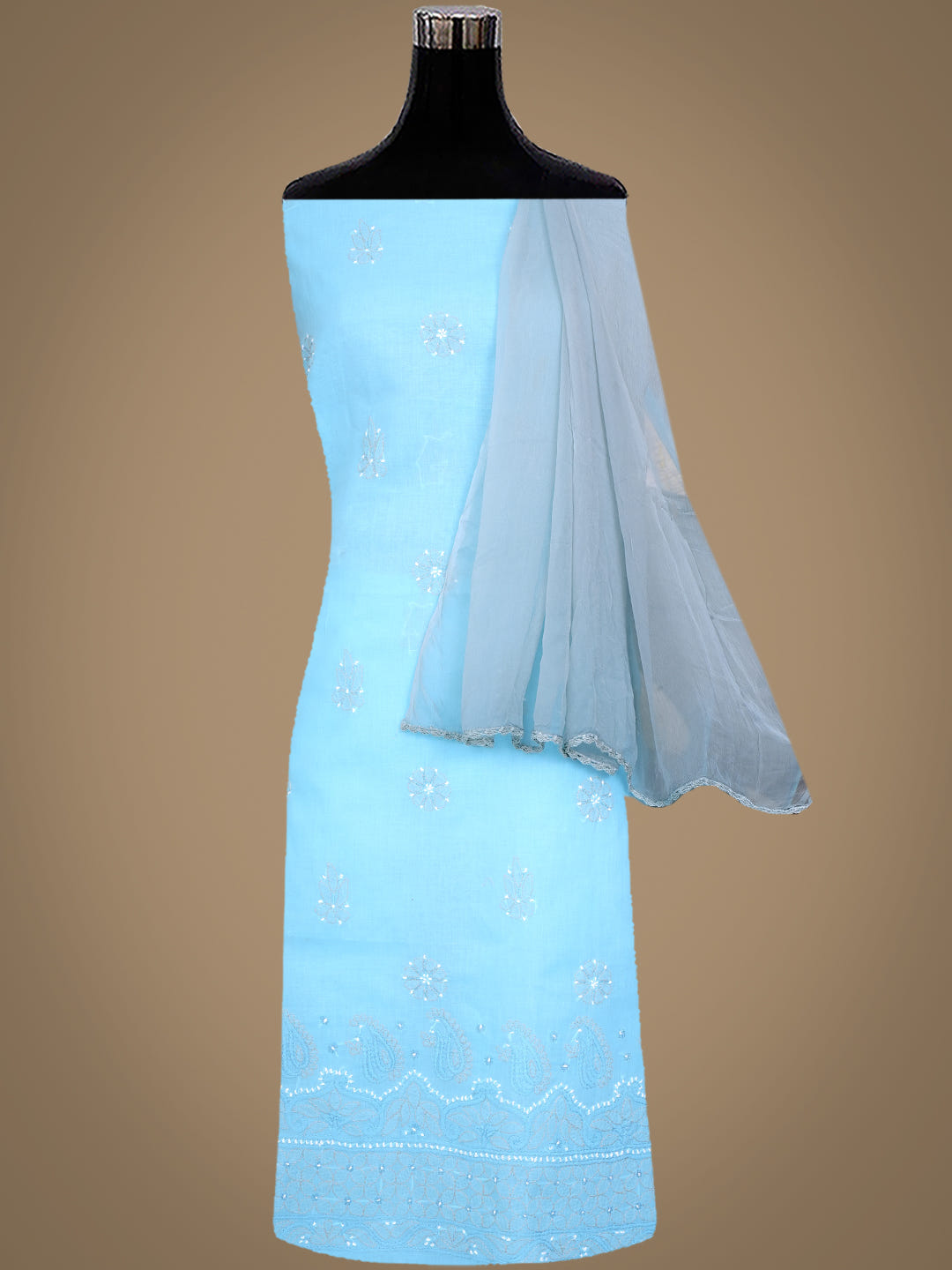 Ada Hand Embroidered Blue Cotton Lucknowi Chikankari Unstitched Suit Set With Chiffon Dupatta 01A882415