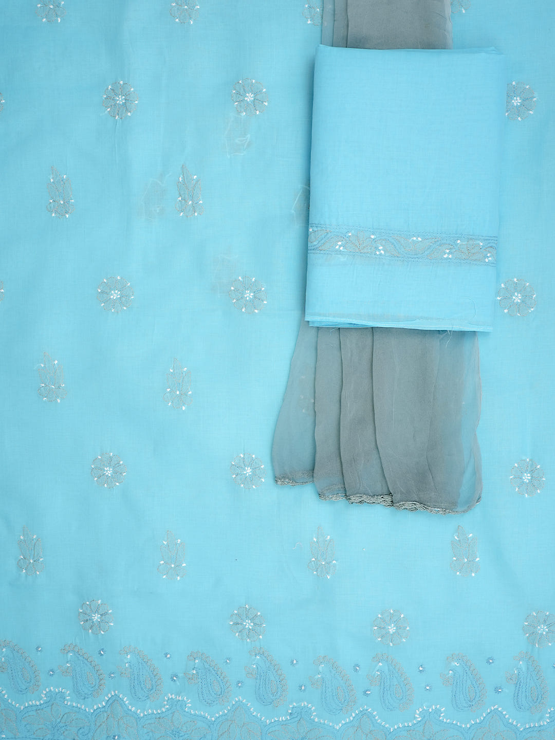 Ada Hand Embroidered Blue Cotton Lucknowi Chikankari Unstitched Suit Set With Chiffon Dupatta 01A882415