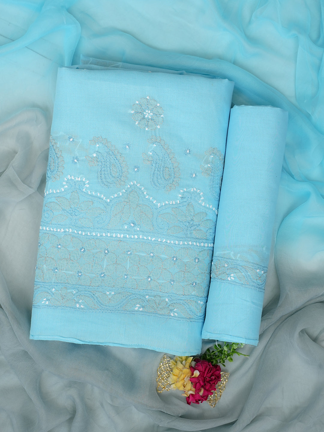 Ada Hand Embroidered Blue Cotton Lucknowi Chikankari Unstitched Suit Set With Chiffon Dupatta 01A882415