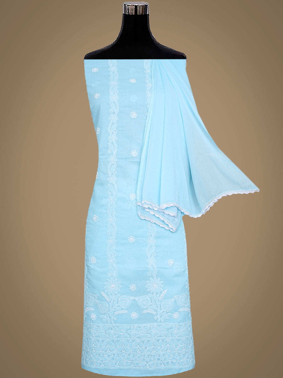 Ada Hand Embroidered Blue Cotton Lucknowi Chikankari Unstitched Suit Set With Chiffon Dupatta 01A992466