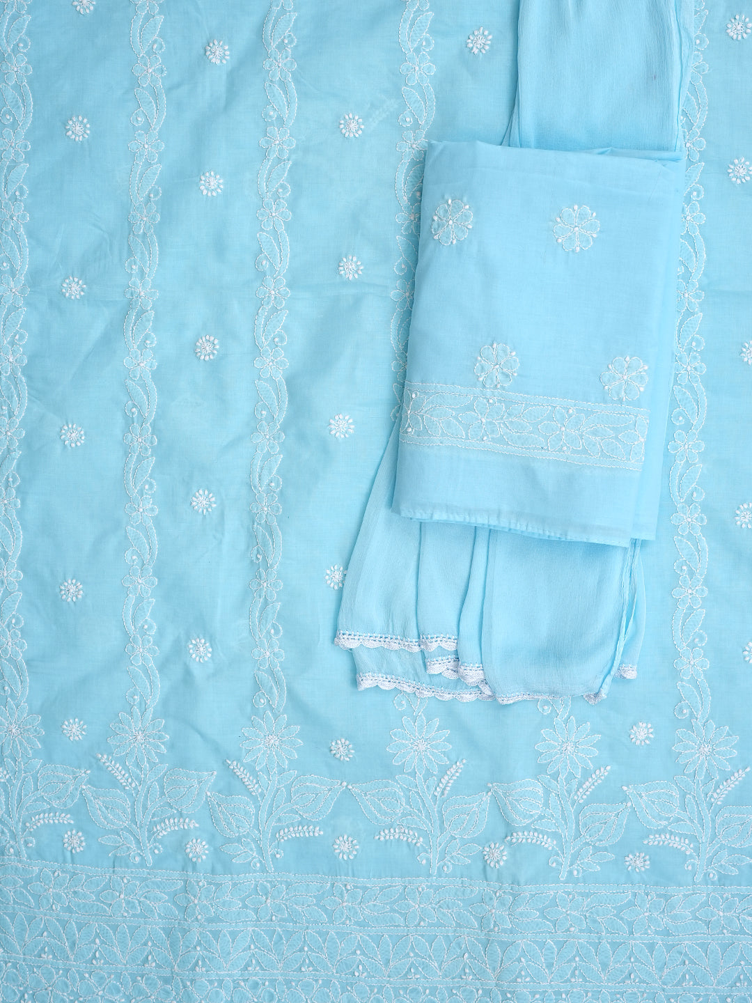 Ada Hand Embroidered Blue Cotton Lucknowi Chikankari Unstitched Suit Set With Chiffon Dupatta 01A992466
