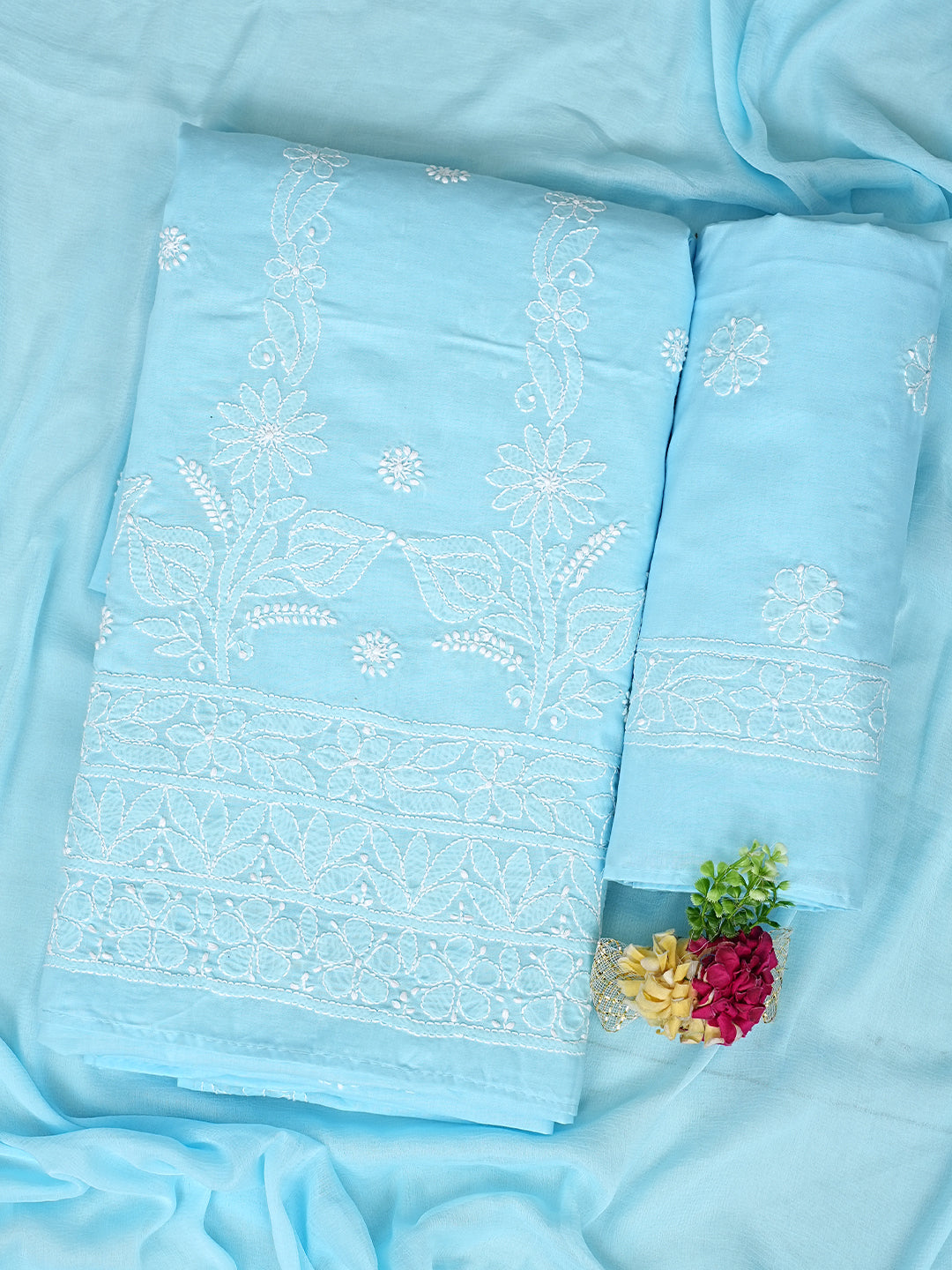 Ada Hand Embroidered Blue Cotton Lucknowi Chikankari Unstitched Suit Set With Chiffon Dupatta 01A992466