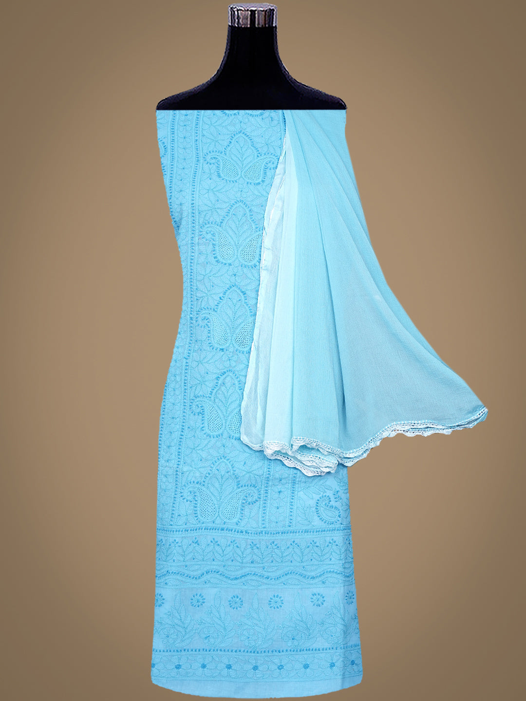 Ada Hand Embroidered Blue Cotton Lucknowi Chikankari Unstitched Suit Set With Chiffon Dupatta 01A992661