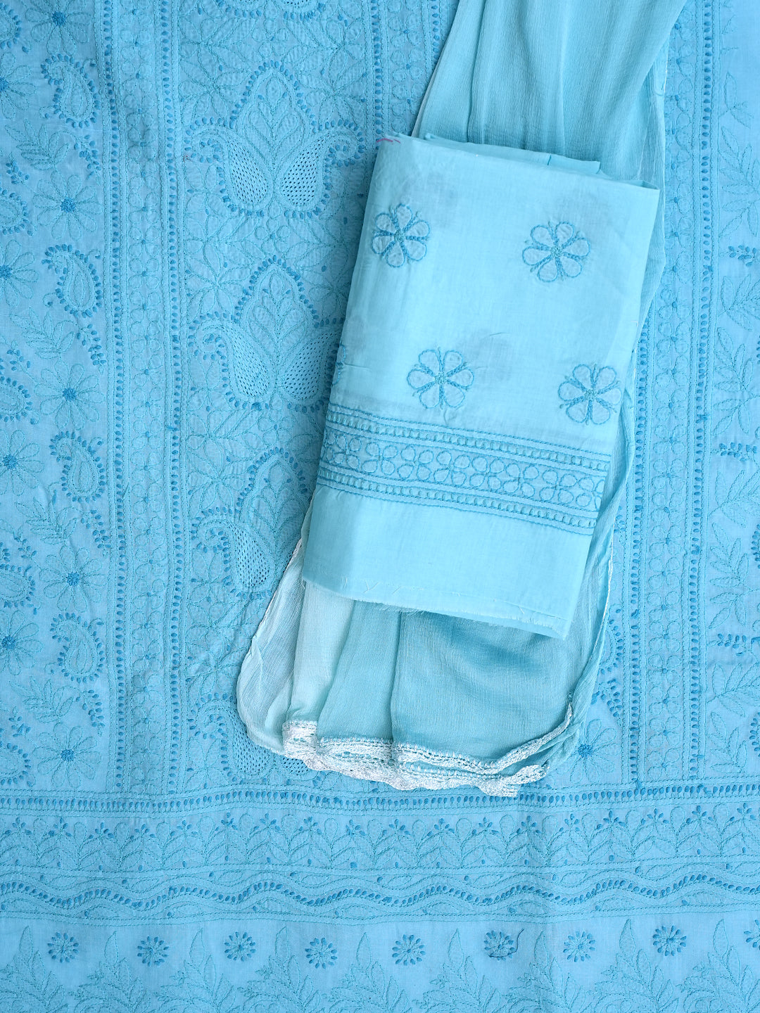 Ada Hand Embroidered Blue Cotton Lucknowi Chikankari Unstitched Suit Set With Chiffon Dupatta 01A992661