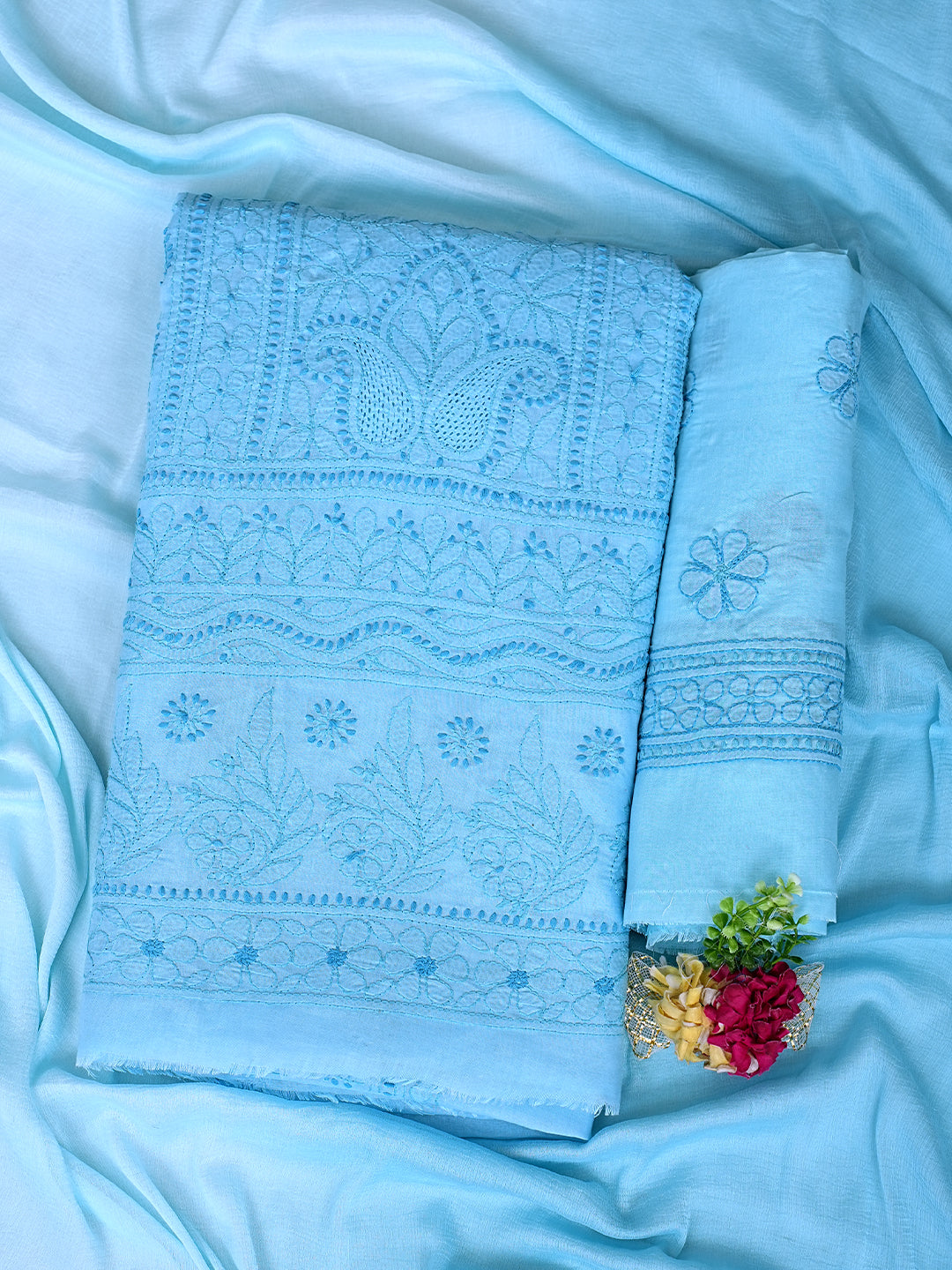 Ada Hand Embroidered Blue Cotton Lucknowi Chikankari Unstitched Suit Set With Chiffon Dupatta 01A992661