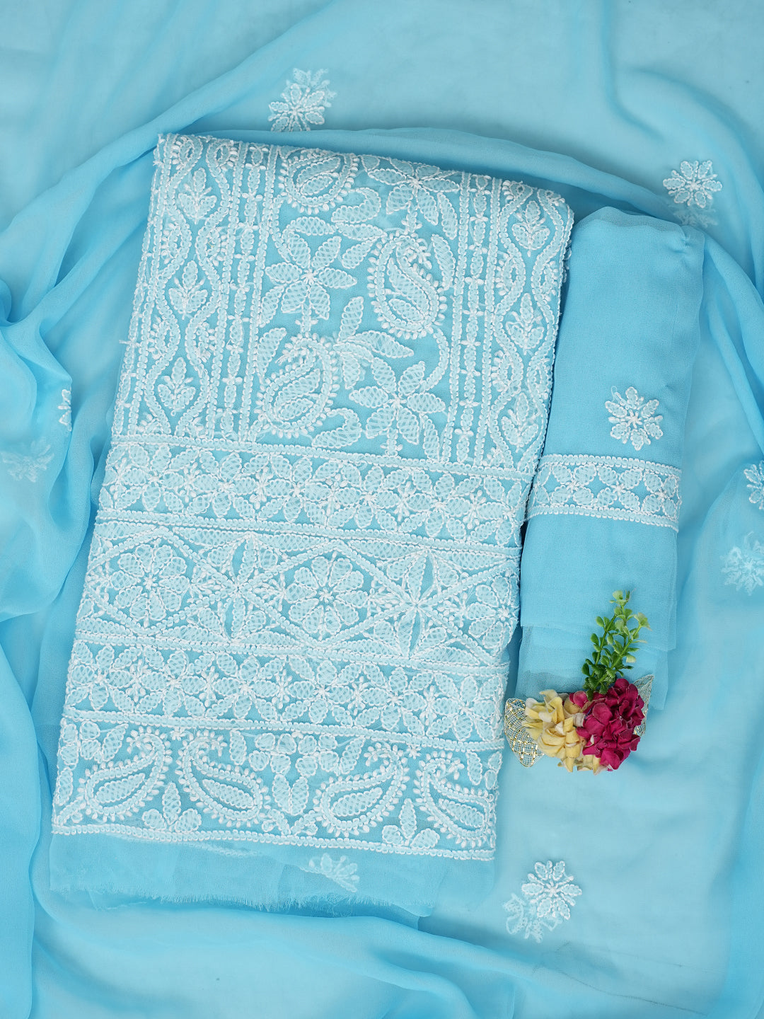 Ada Hand Embroidered Blue Faux Georgette Lucknowi Chikankari Unstitched Suit Piece 01A981204