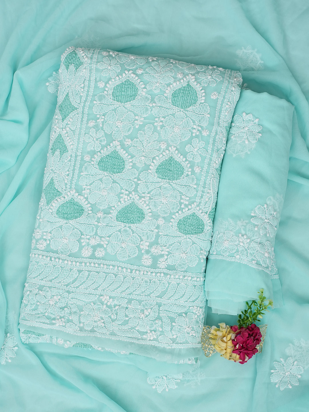 Ada Hand Embroidered Blue Faux Georgette Lucknowi Chikankari Unstitched Suit Piece 01A985232