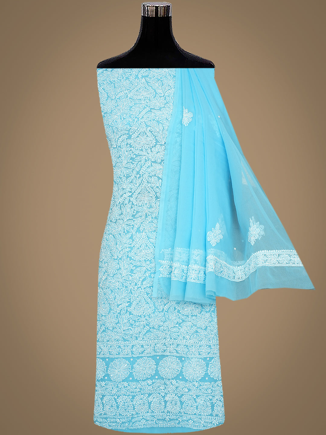 Ada Hand Embroidered Blue Faux Georgette Lucknowi Chikankari Unstitched Suit Piece With Pearl & Sequinned Work 01A915245