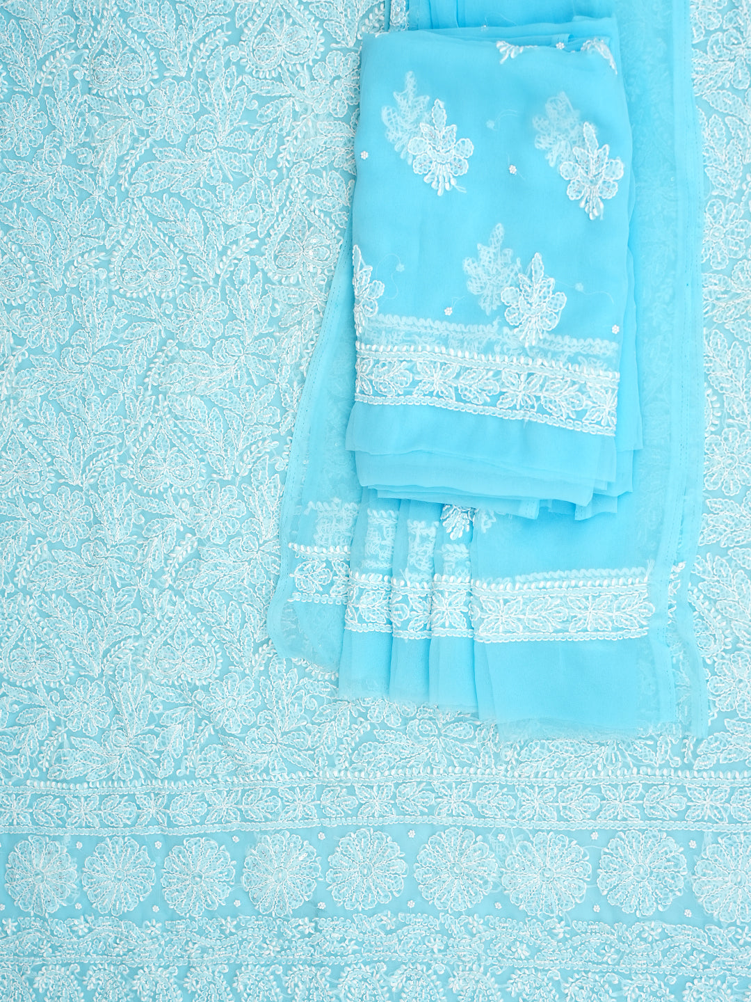 Ada Hand Embroidered Blue Faux Georgette Lucknowi Chikankari Unstitched Suit Piece With Pearl & Sequinned Work 01A915245