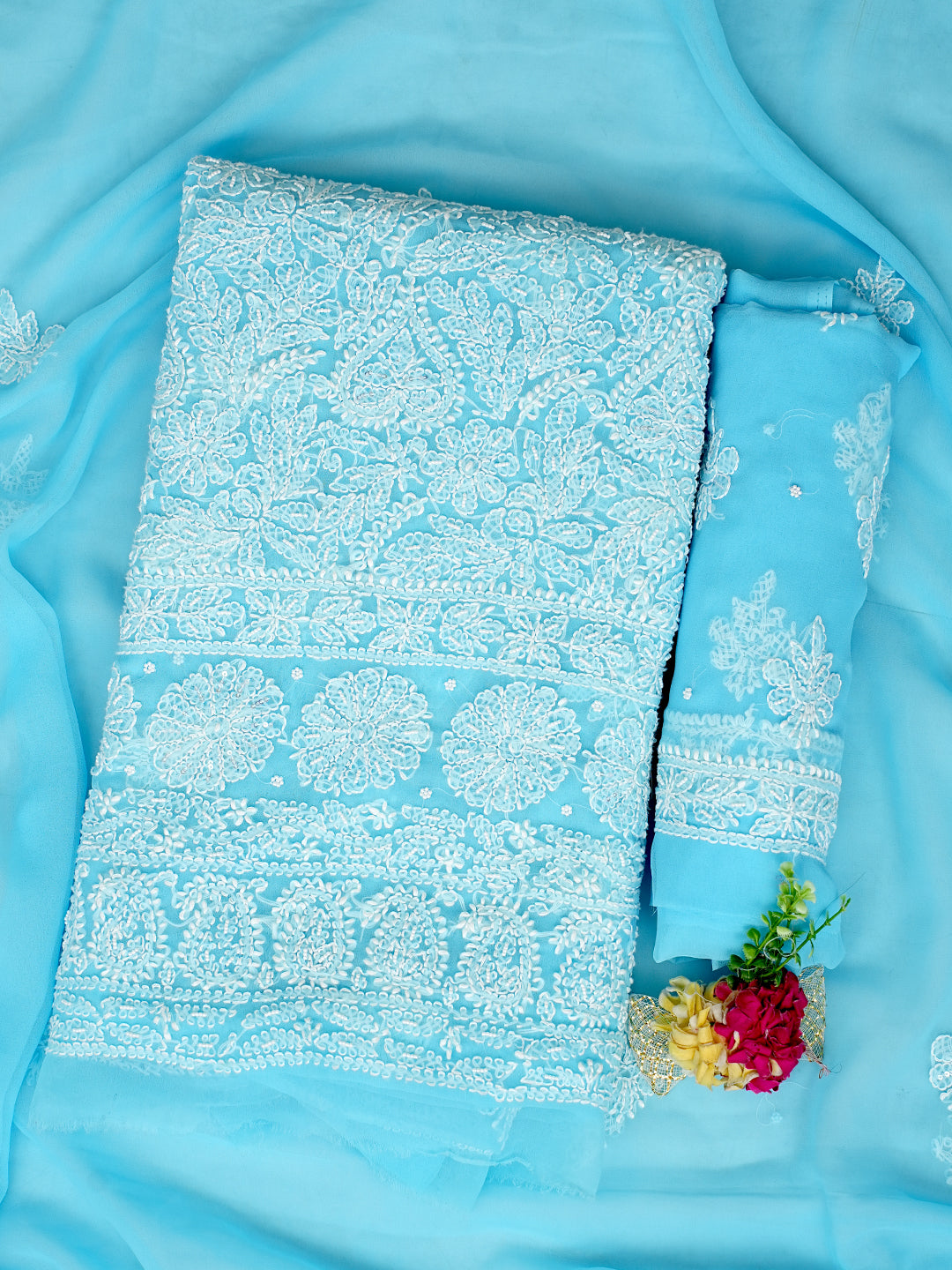 Ada Hand Embroidered Blue Faux Georgette Lucknowi Chikankari Unstitched Suit Piece With Pearl & Sequinned Work 01A915245