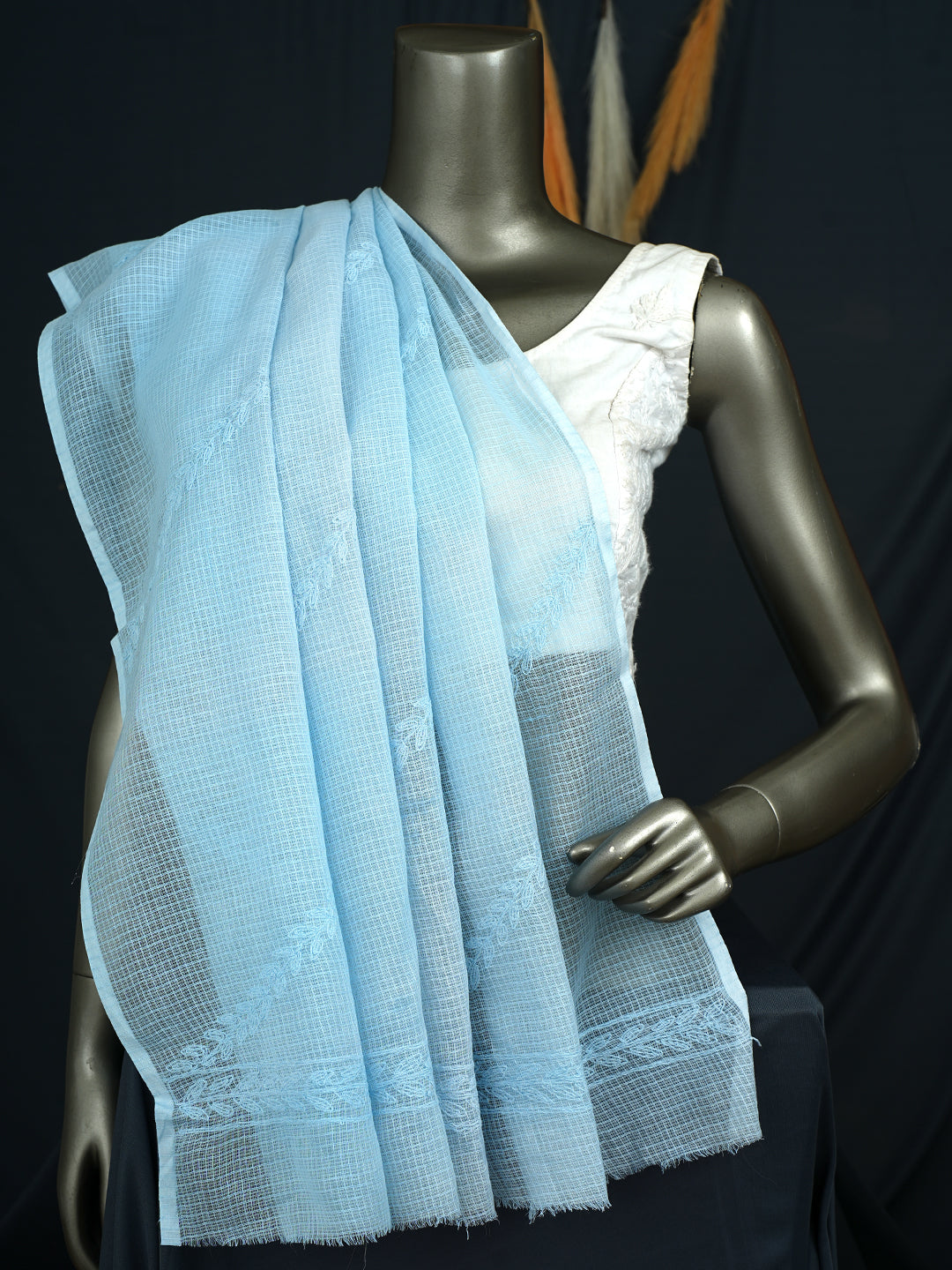 Ada Hand Embroidered Sky Blue Kota Lucknowi Chikankari Dupatta 01A923309