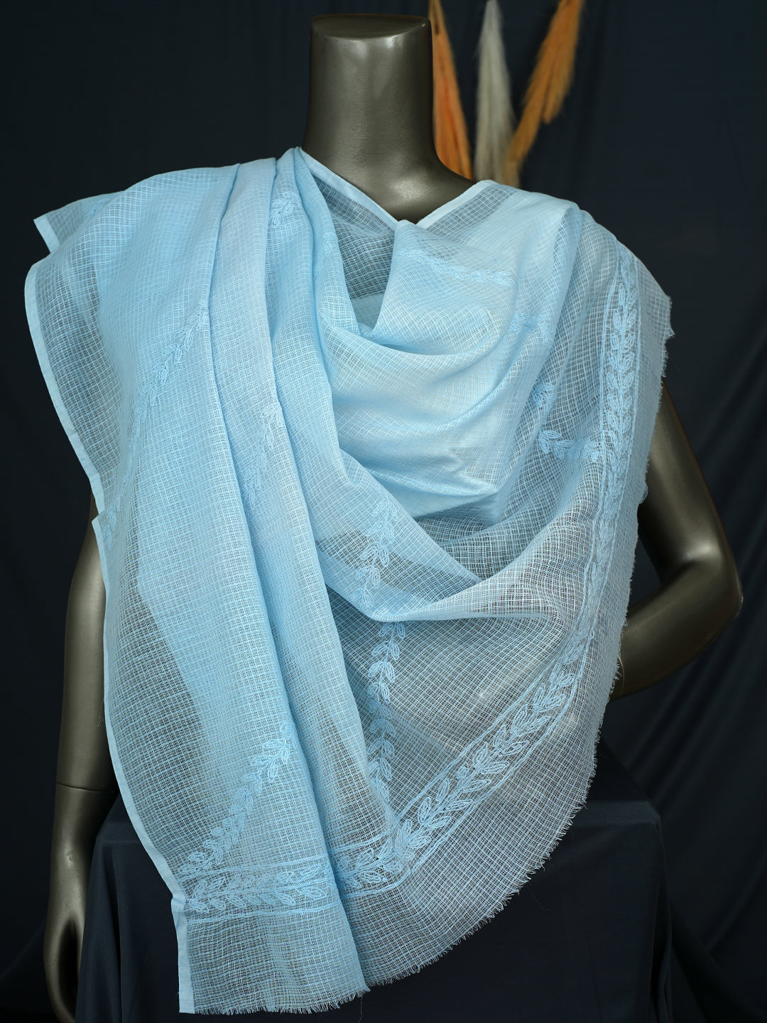 Ada Hand Embroidered Sky Blue Kota Lucknowi Chikankari Dupatta 01A923309