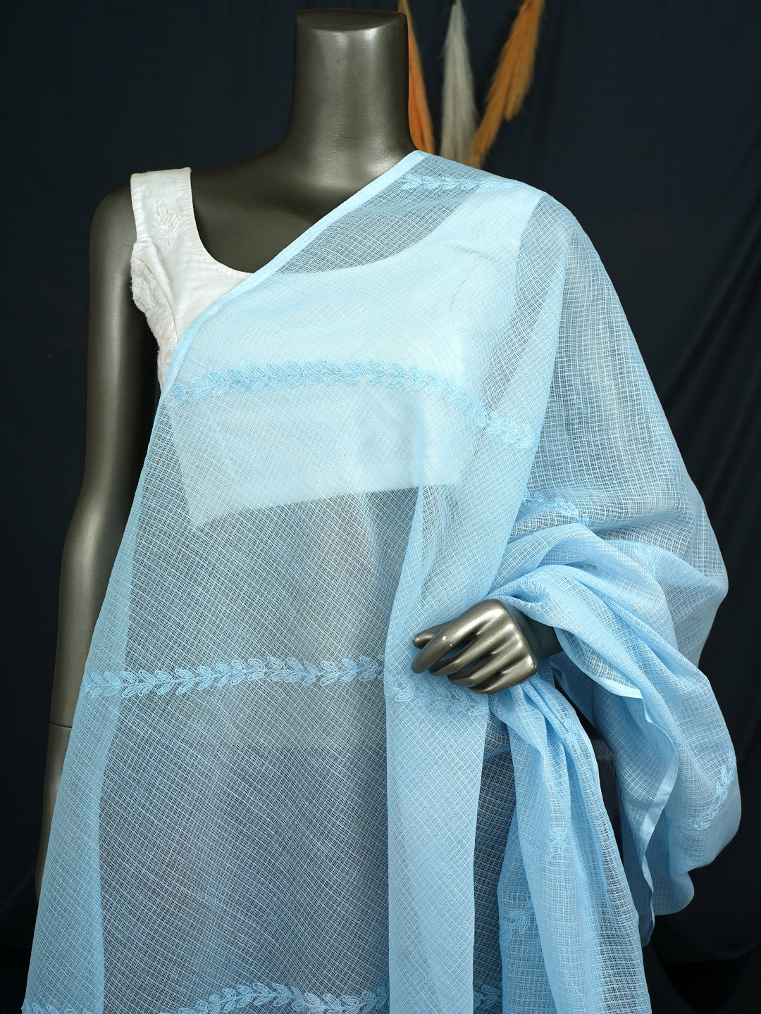 Ada Hand Embroidered Sky Blue Kota Lucknowi Chikankari Dupatta 01A923309