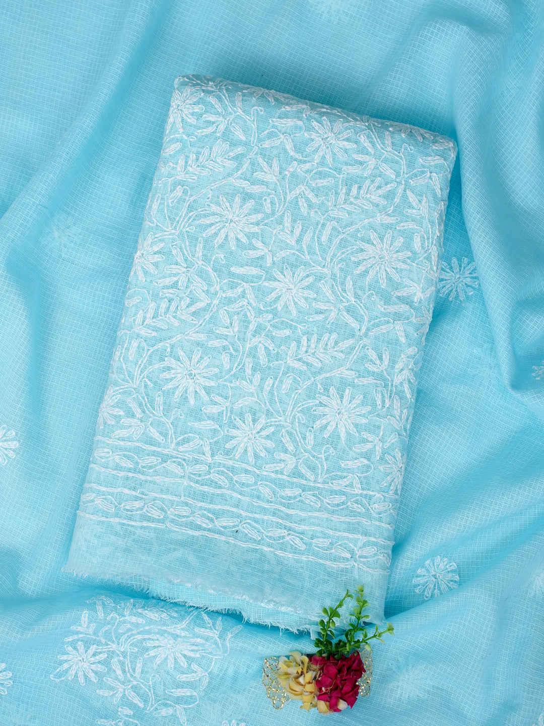 Ada Hand Embroidered Blue Kota Lucknowi Chikankari Unstitched Kurta Dupatta 01A870324