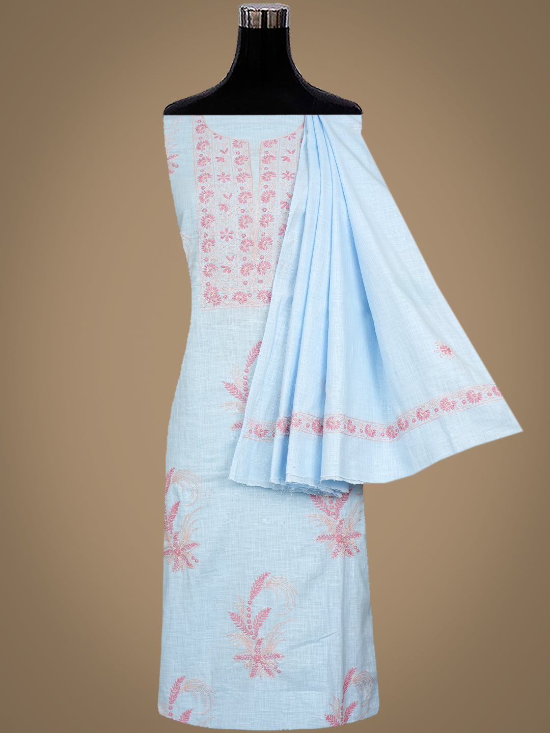 Ada Hand Embroidered Blue Linen Lucknowi Chikankari Unstitched Kurta Dupatta Set 01A910436