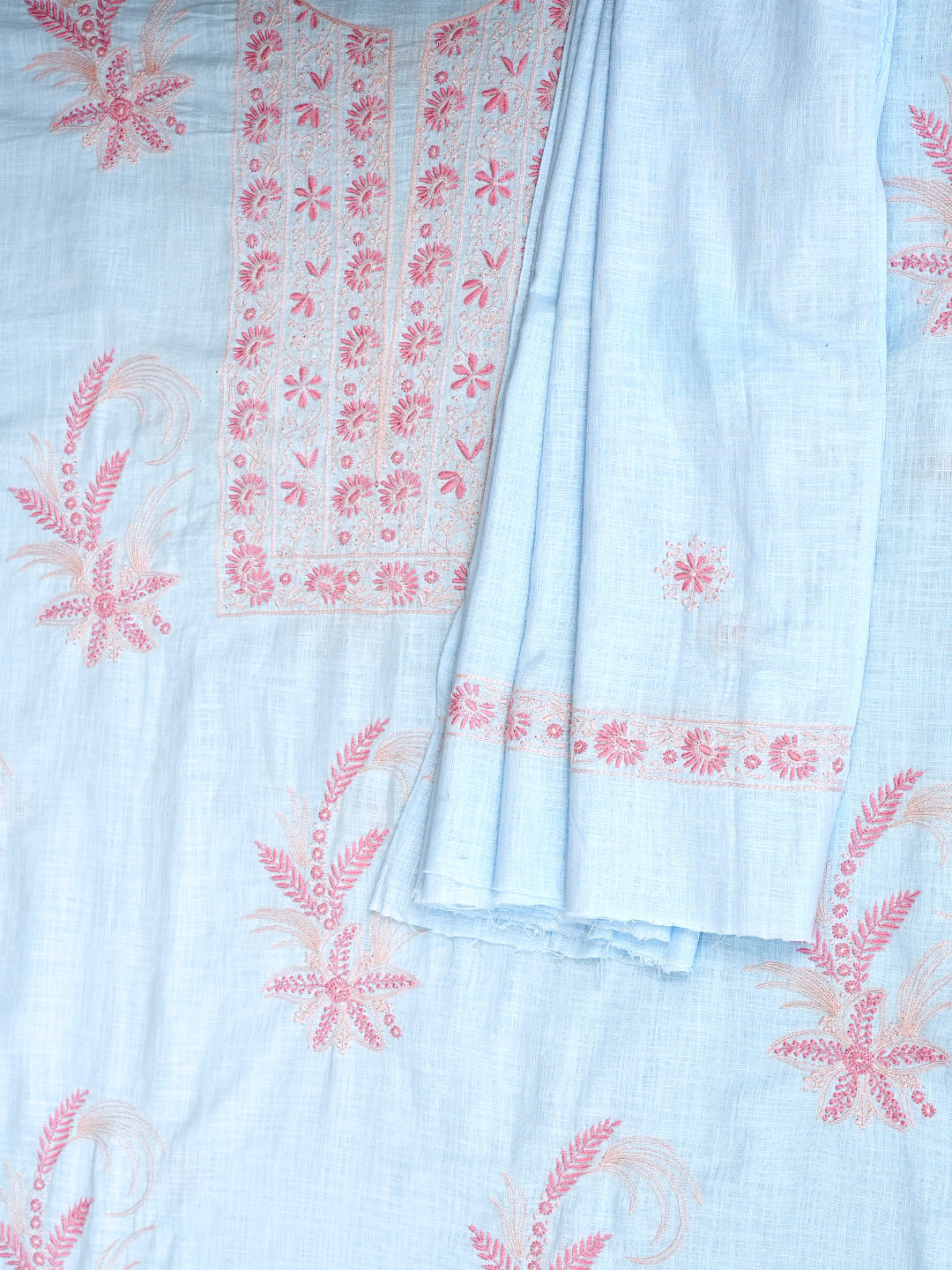 Ada Hand Embroidered Blue Linen Lucknowi Chikankari Unstitched Kurta Dupatta Set 01A910436