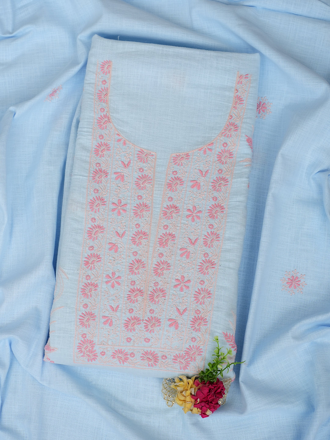 Ada Hand Embroidered Blue Linen Lucknowi Chikankari Unstitched Kurta Dupatta Set 01A910436