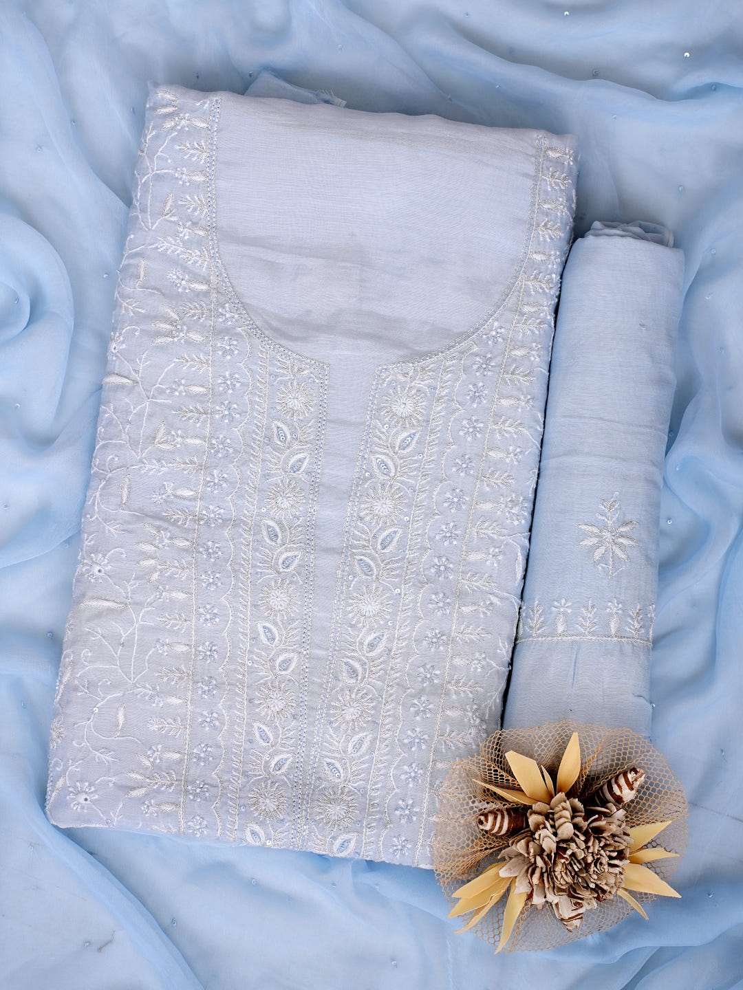 Ada Hand Embroidered Blue Maslin Lucknowi Chikankari Unstitched Suit Piece With Zari Work 01A889132_1