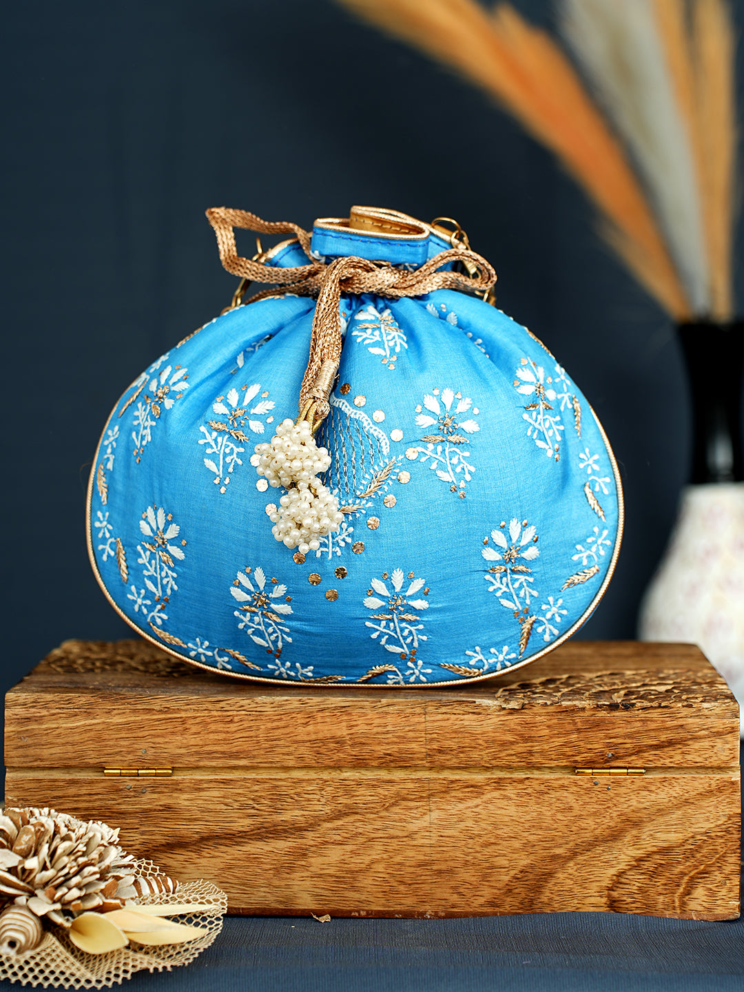 Ada Hand Embroidered Blue Silk Lucknowi Chikankari Potli Bag With Zari Work 01A1009310