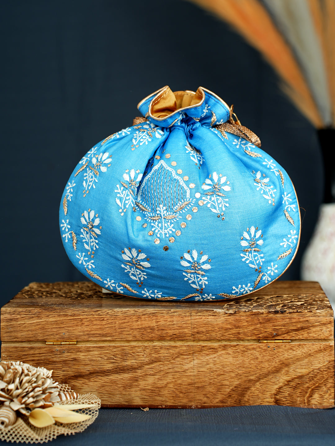 Ada Hand Embroidered Blue Silk Lucknowi Chikankari Potli Bag With Zari Work 01A1009310