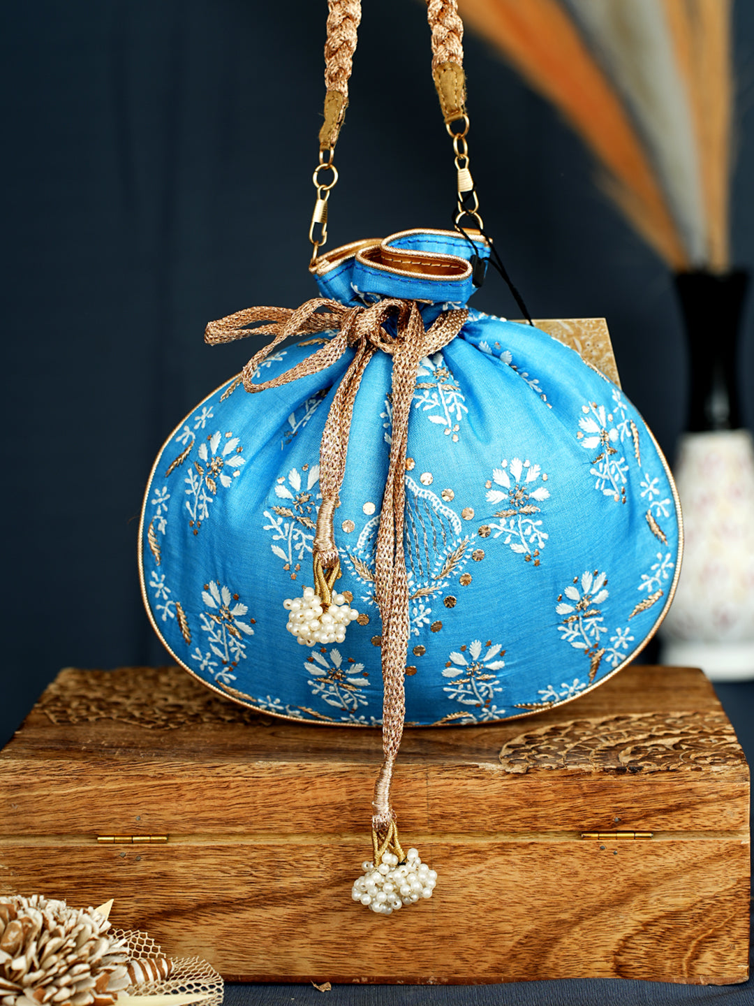 Ada Hand Embroidered Blue Silk Lucknowi Chikankari Potli Bag With Zari Work 01A1009310