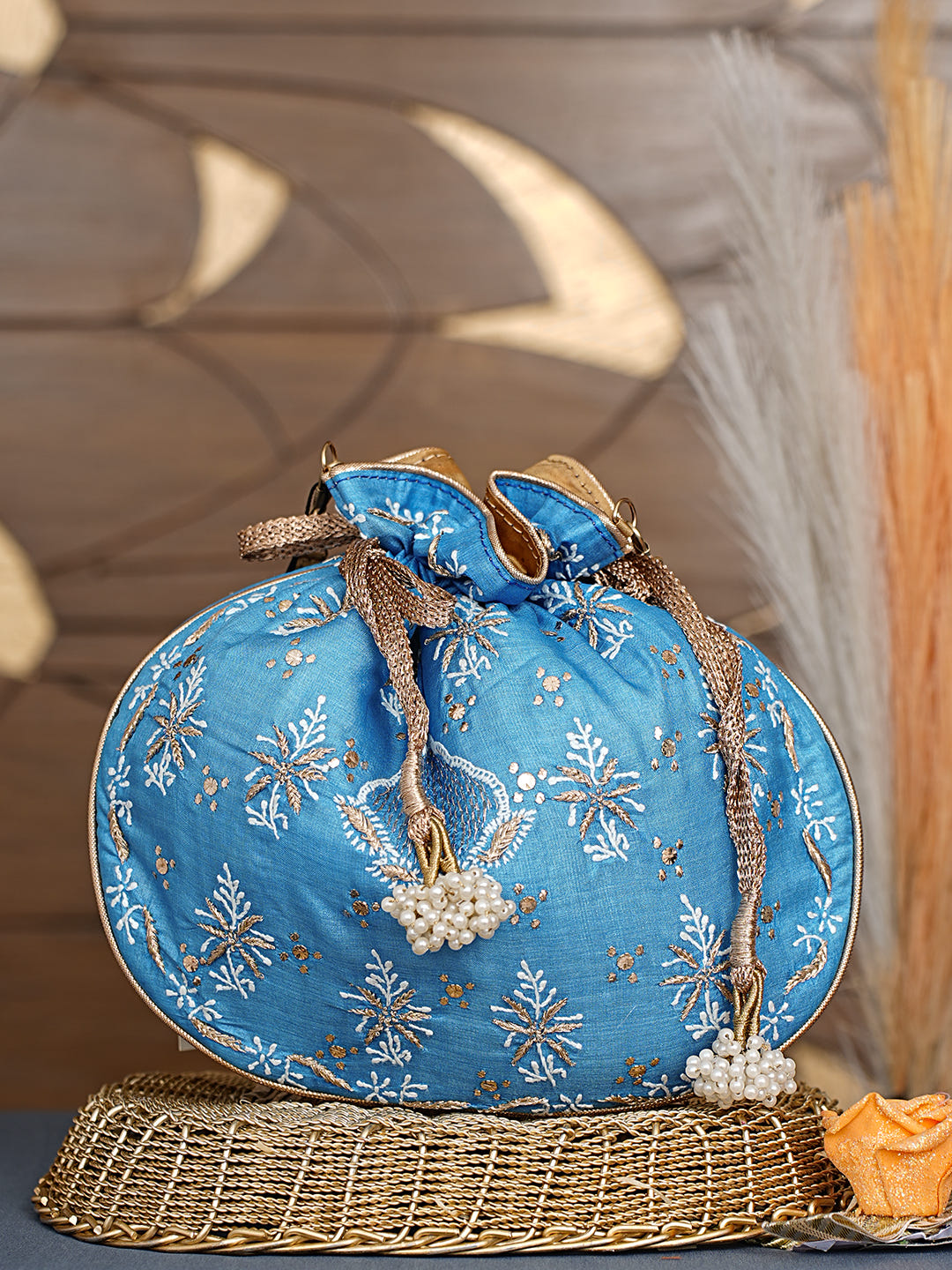 Ada Hand Embroidered Blue Silk Lucknowi Chikankari Potli Bag With Zari Work 01A1009312
