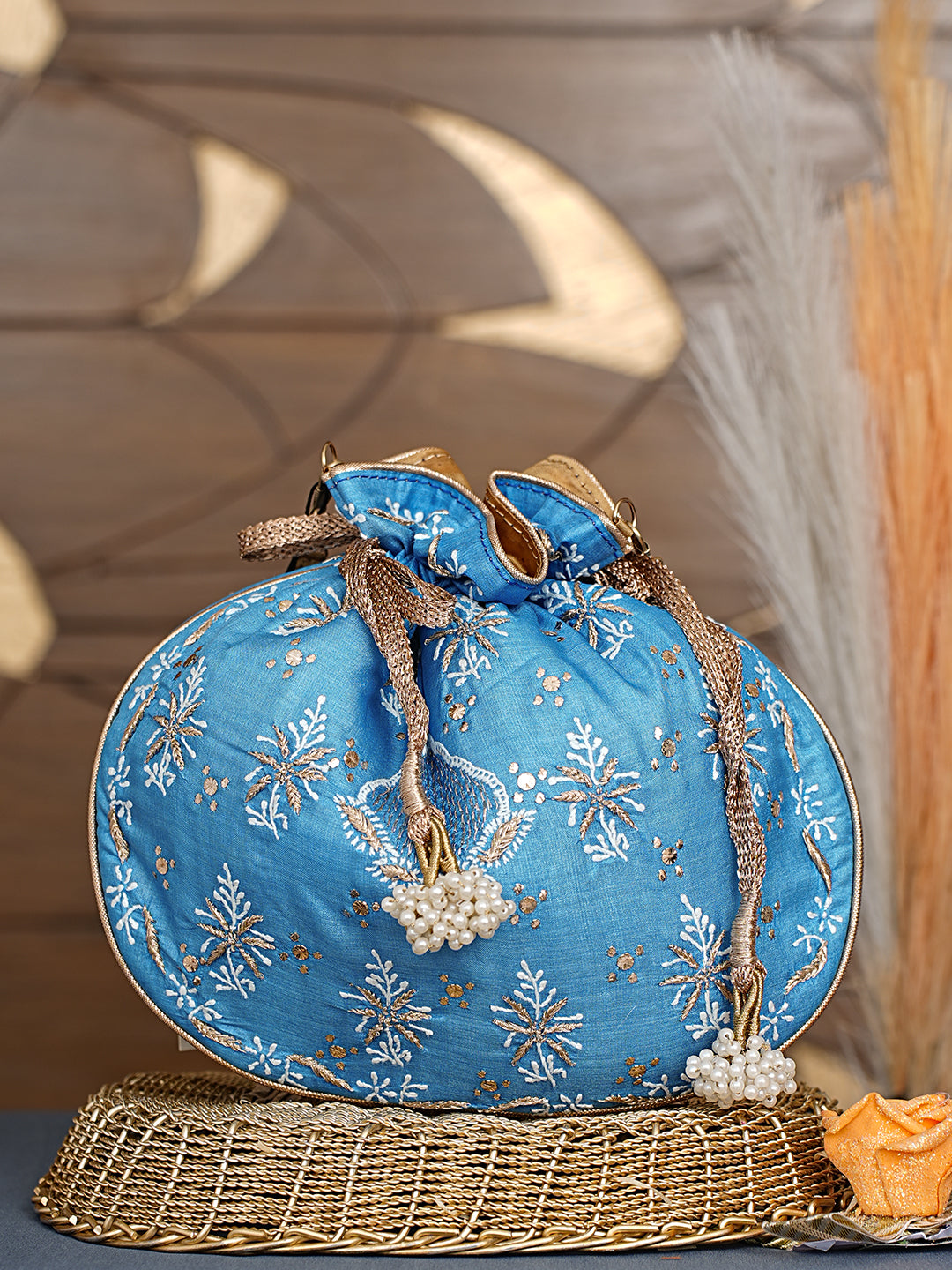 Ada Hand Embroidered Blue Silk Lucknowi Chikankari Potli Bag With Zari Work 01A1009312