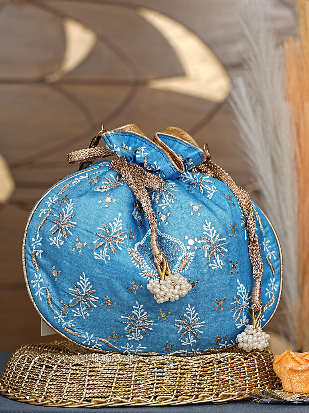 Ada Hand Embroidered Blue Silk Lucknowi Chikankari Potli Bag With Zari Work 01A1009312
