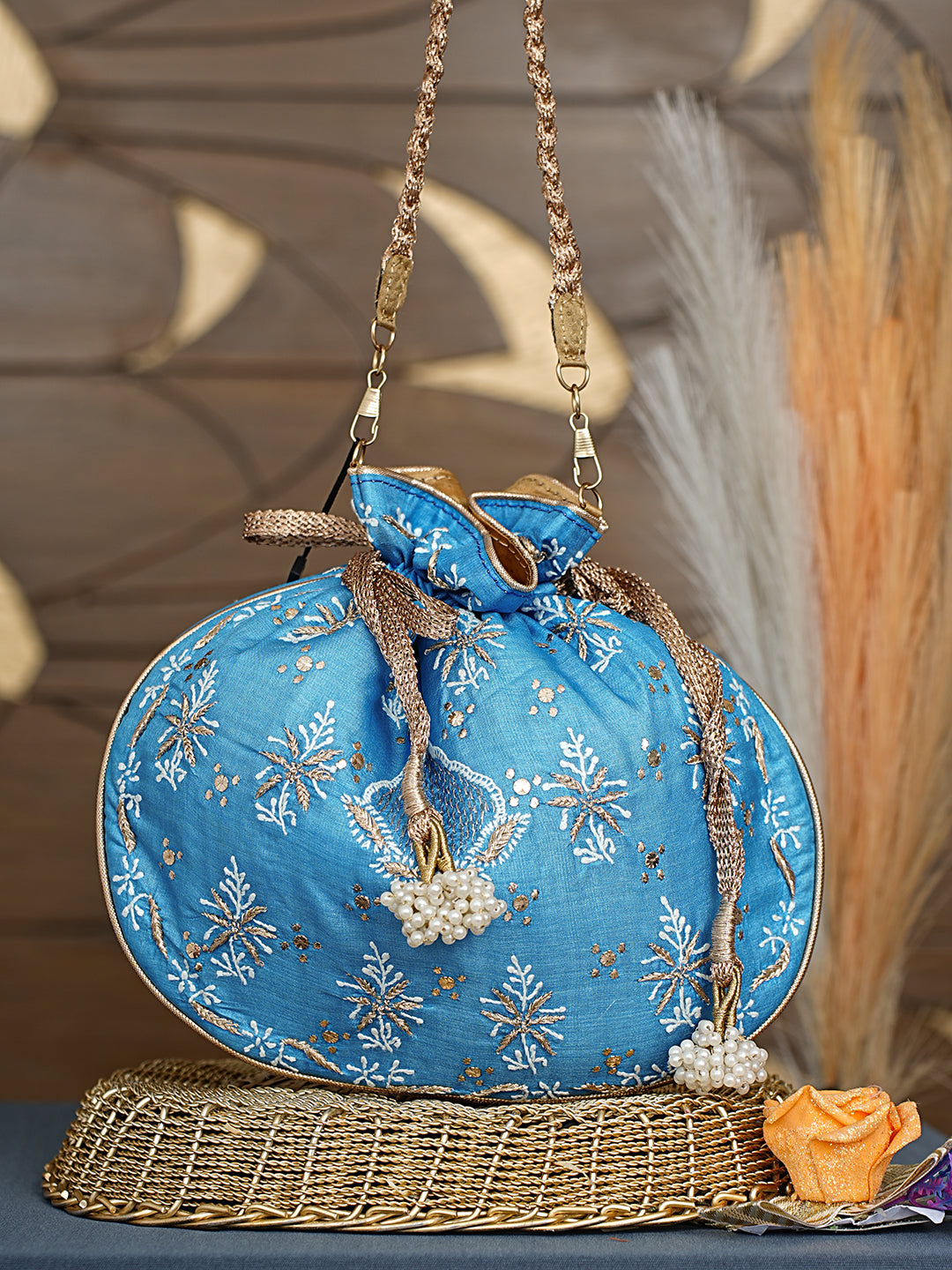 Ada Hand Embroidered Blue Silk Lucknowi Chikankari Potli Bag With Zari Work 01A1009312