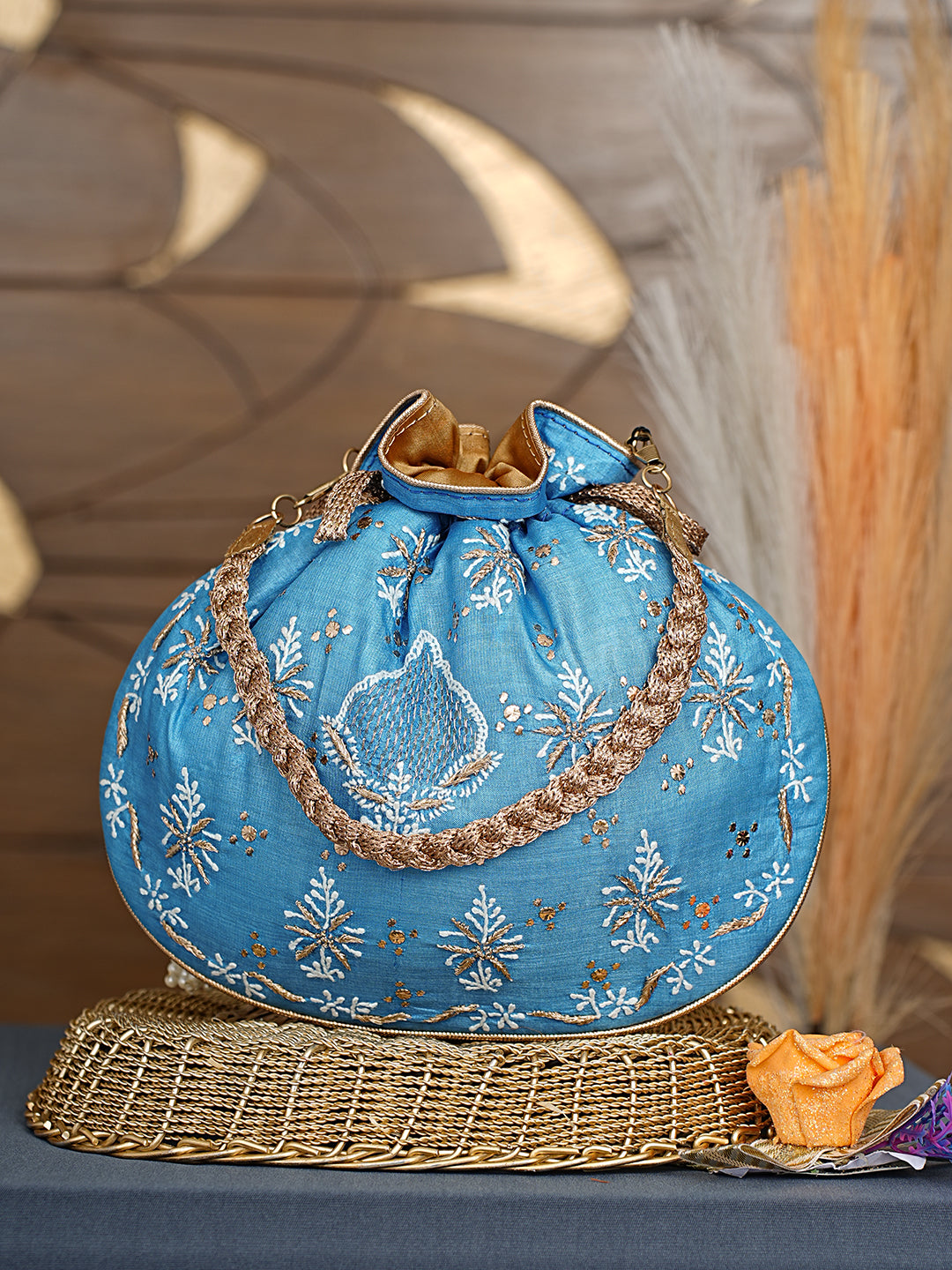 Ada Hand Embroidered Blue Silk Lucknowi Chikankari Potli Bag With Zari Work 01A1009312