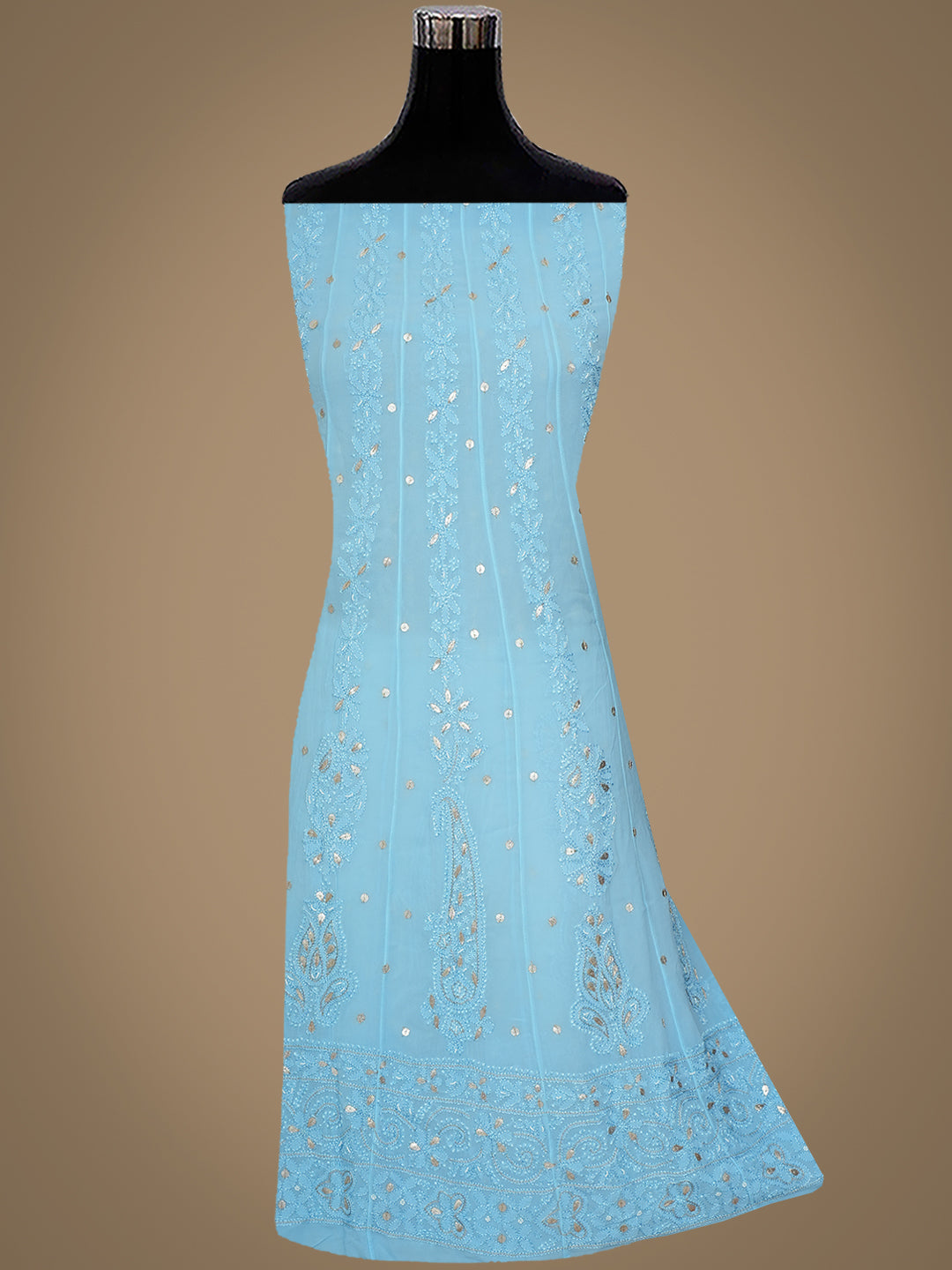 Ada Hand Embroidered Blue Viscose Georgette Lucknowi Chikankari Semi-Stitched Anarkali Kurta Dupatta Set With Pearl & Gota Patti Work 01A980053