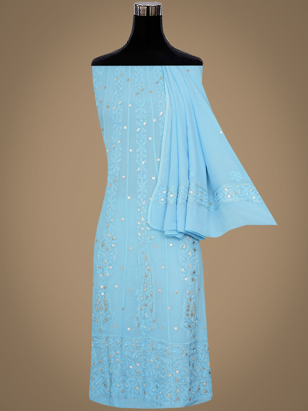 Ada Hand Embroidered Blue Viscose Georgette Lucknowi Chikankari Semi-Stitched Anarkali Kurta Dupatta Set With Pearl & Gota Patti Work 01A980053