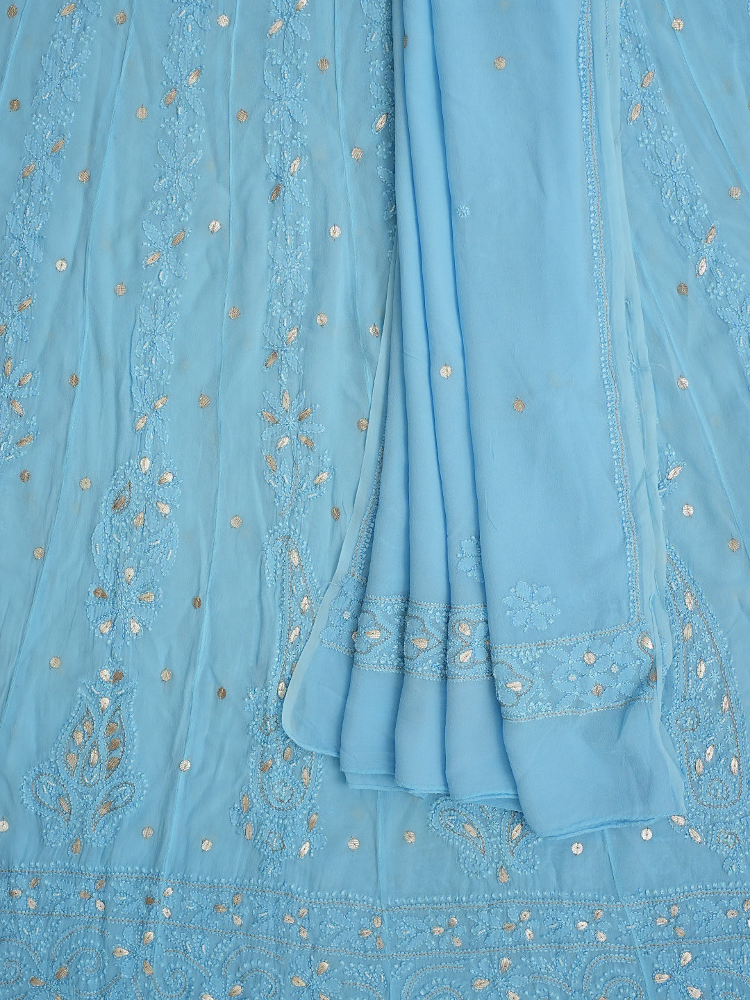 Ada Hand Embroidered Blue Viscose Georgette Lucknowi Chikankari Semi-Stitched Anarkali Kurta Dupatta Set With Pearl & Gota Patti Work 01A980053